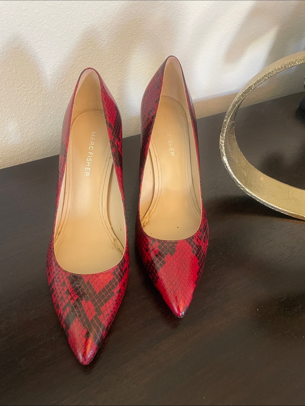 Marc Fisher Red Snake-Print Pointed Pumps